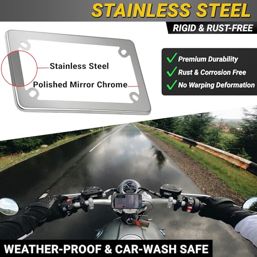 Image of Premium Motorcycle Mirror Chrome License Plate Frame, Rust-Free Stainless Steel, Rattle-Free Thin Metal & Street Legal, Universal Fit Tag Holder for Harley Davidson Bike Scooter, Porta Placa Para Moto