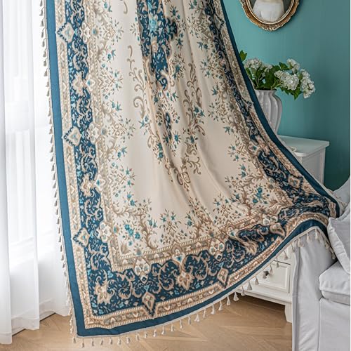 Image of Teal Medallion Curtains 72 Inches Long, Boho Farmhouse Light Filtering Rod Pocket Drapes with Tassel Trim for Bedroom Living Room, 2 Panels