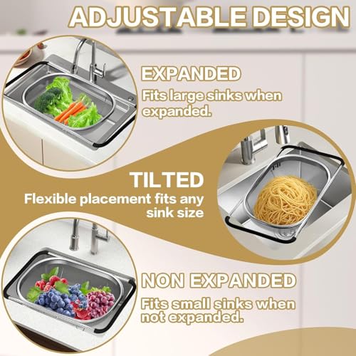 Image of Strainer Sink Basket Stainless Steel Oval Colander Rubber Grip Handle, Fine Mesh Baskets Kitchen Over The Sink Colander for Strain, Drain, Rinse Vegetables, Fruits (1 Pc, Silver)
