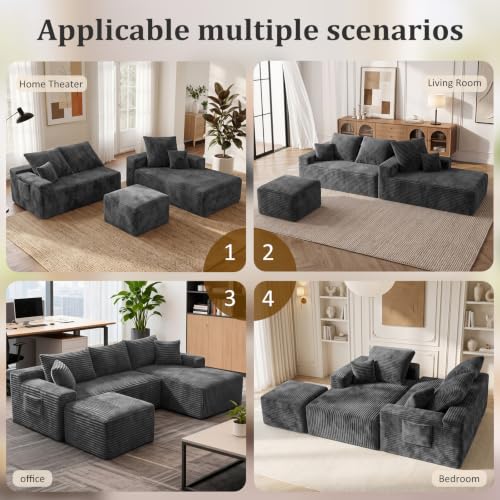 Image of Boneless Couch, U-Shape Corduroy Sectional Sofa, Grey