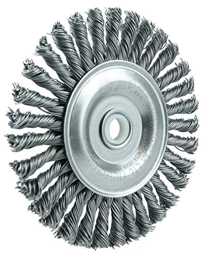 Image of Weiler 13124 Mini Roughneck 4 inch Stringer Bead Wire Wheel, .020 inch Steel Fill, 1 /2 inch-3 /8 inch Arbor Hole, Made in the USA