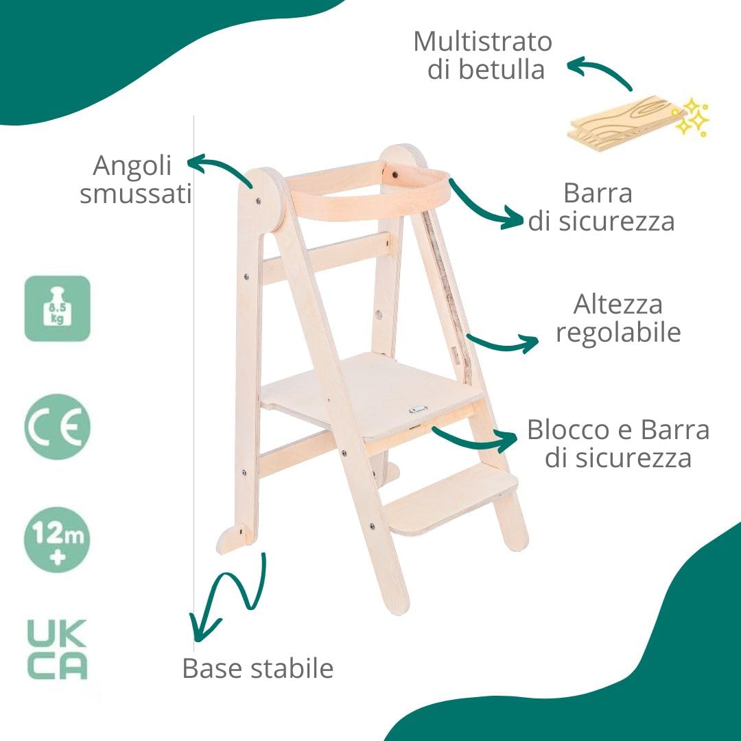 Mamatoyz 08FNAT Torre Montessoriana di Apprendimento Pieghevole Multiuso in Legno Naturale di Betulla con 2 Altezze Regolabili