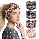 Kifmurase Boho Bandana Headbands for Women, 4Pcs Knotted Head Wraps Vintage Paisley Turban, Wide African Non Slip Stretch Hairbands for Hair Accessories (Beige, Brown, Gray, Green)