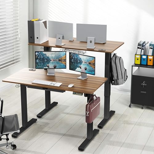 Image of SHW 48-Inch Electric Height Adjustable Standing Desk with Drawer, Memory Preset and Cable Management Tray, Walnut