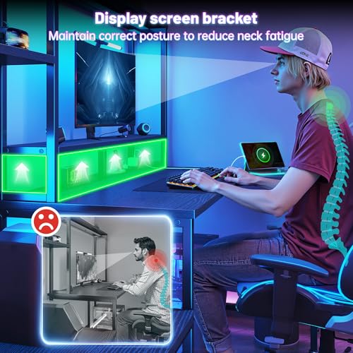 Image of DurayLoly Gaming Desk with LED Lights & Outlets,55 inch L Shaped Computer Desk with Shelves & Storage Hutch,Reversible Corner Gaming Table with Printer Space & Monitor Stand for Home Office,Black
