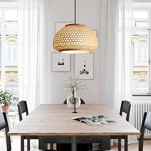 KWOKING Lighting Handmade Flush Mount Ceiling Light Retro Bamboo Dome Shade Pendant Light 1 Light Woven Hanging Lamp for Dining Table,Restaurant - 15.75" - Image 7