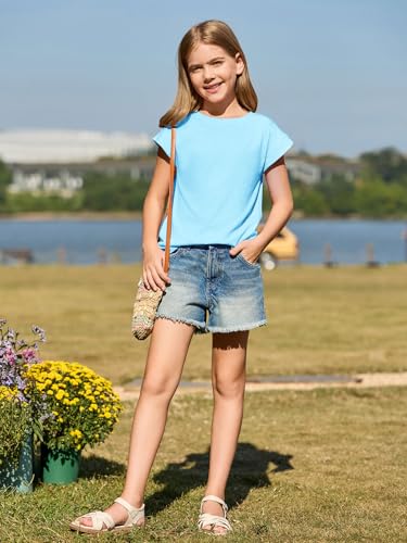 Image of Haloumoning Girls Cap Sleeve T Shirts Kids Summer Crewneck Solid Tops Tees 5-14 Years