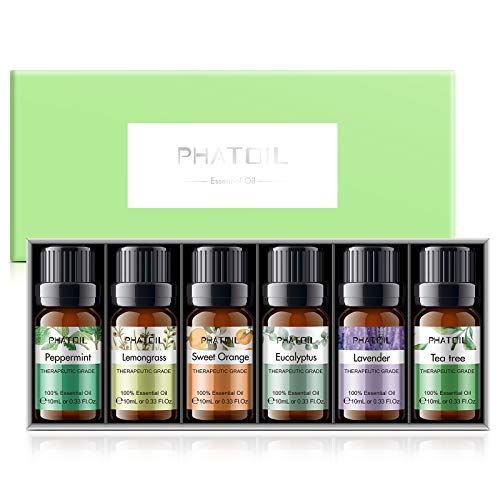 PHATOIL Aceites Esenciales para Humidificador, Aceites Esenciales Naturales Puros para Difusor Aromaterapia, Aceite Esencial Eucalipto, Lavanda, Menta, Tee Tree, Naranja, Lemongrass（6 x 10ml）