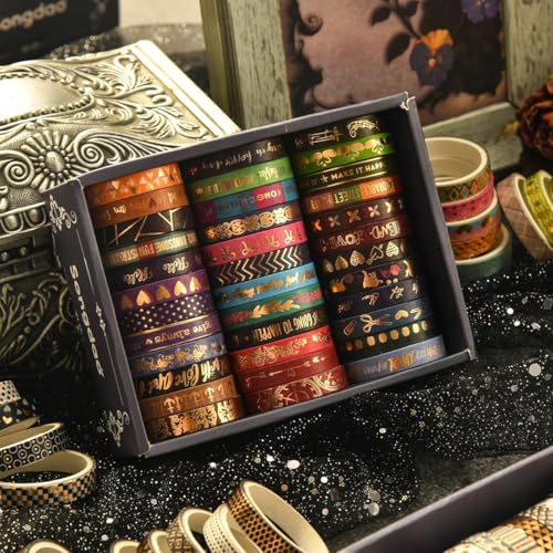Image of HASTHIP 36 Rolls Washi Tape Set with Gold Foil, Vintage Floral Celestial Geometric Decorative Masking Tape for Scrapbooking Journaling Planner DIY Crafts, 0.7cm x 6.6ft Each