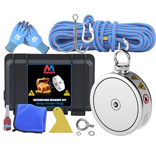 Magnetpro Imán de recogida completa de 900 kg, el imán de pez de doble cara contiene un fuerte imán de neodimio, cuerda duradera de 20 metros, mosquetón, guantes, gancho de agarre y una bolsa de