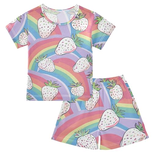 ALAZA White Strawberry Cartoon Rainbow Pajamas Short Sleeve 2 Piece Sleepwear Top and Bottom Pajama Set Unisex