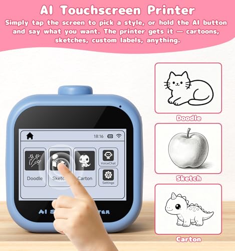 Image of Sticker Printer, 3.5 inch HD Touchscreen Mini Thermal Inkless Printer with Ambient Light, WiFi Portable Sticker Maker Machine with 2000mAh Battery for Kids DIY, Journaling & Gift(Blue)