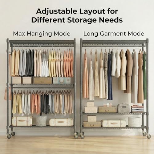 Image of Homdox Rolling Clothes Rack Heavy Duty, 3-Tier Adjustable Wire Shelving Garment Organizer with Double Rods & Hooks, Portable Clothes Rack with Wheels, 17.72 inch D x 47.24 inch W x 80.71 inch H, Grey