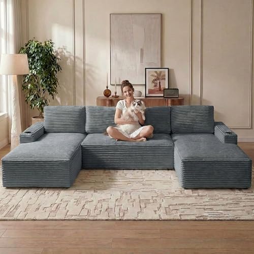 Image of 133 inch U-Shape Cloud Couch, Modern Modular Sectional U-Shape Sofa, Corduroy Boneless Couch Upholstered Couches Deep Seat Sleeper Chaise Longue for Living Room, No Assembly Required,Dark Gray