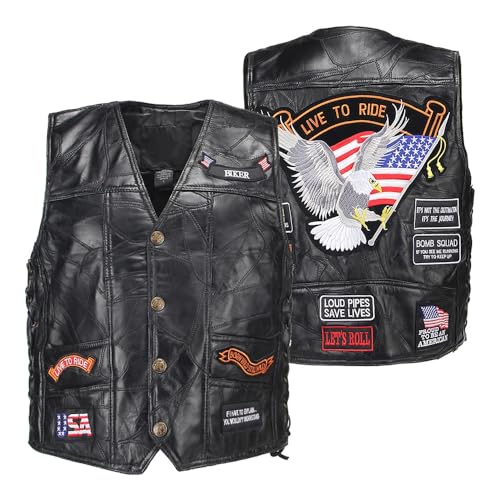 WalnutKing Men Leather Motorcycle Jacket Vest Plastered Embroidery Cool Patches Biker Vest (US, Alpha, Large, Regular, Regular, Elage9)