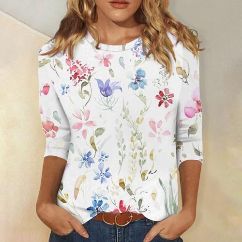 HTHLVMD Womens 3/4 Length Sleeve Tops 2025 Fall Fashion Floral Print Crewneck Causal Trendy Tunic Tops for Women