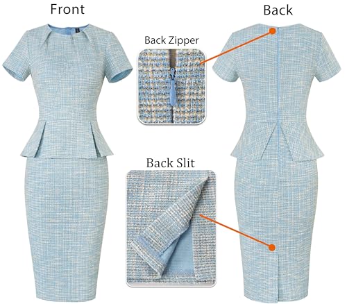 Image of VFSHOW Womens Pleated Crew Neck Peplum Work Business Office Church Bodycon Pencil Sheath Dress