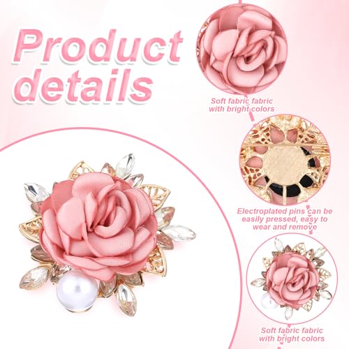 Image of Brooches for Women, Flower Brooch for Women Men Wedding Party Gentleman's Handmade Crystal Pearl Fabric Flower Lapel Pink Pin Dress Boutonniere Ideas Suit Accessories