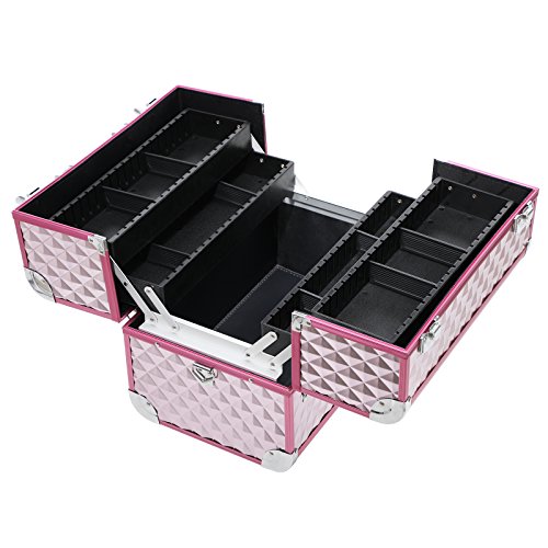 SONGMICS Kosmetikkoffer Schminkkoffer Schminkaufbewahrung Beauty Case Schminkkasten Multikoffer Etagenkoffer mit Diamant-Muster Silbernes Pink 36 x 28 x 23 cm JBC319P