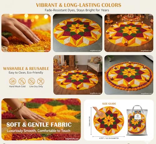 Image of Rangoli (60x60 cm) Super Soft Microfiber Decorative Mat Anti-Skid Door Mats for Home /Bathroom Mat /Bedroom /Kitchen /Floor Mat (Maroon & Orange)