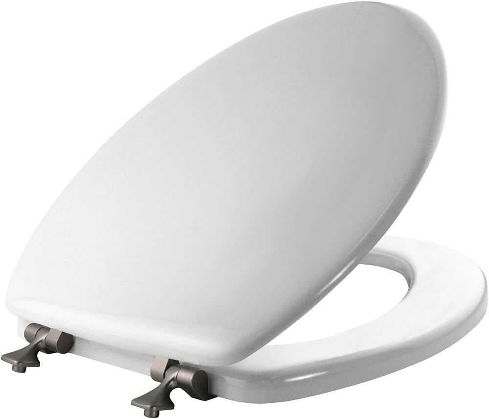 MAYFAIR 1844BNA 000 Toilet Seat with Brushed Nickel Hinges will Never Come Loose, ELONGATE, White - Brushed Nickel 1 Pack - ELONGATED Classic Metal Hinge - Brushed Nickel Toilet Seat