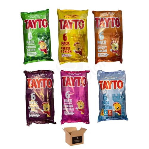 Tayto Crisps Flavoured British Potato Chips & Corn Snacks | 6xCheese Onion Smoky Bacon Wuster Sauce Prawn Cocktail and Spring Onion Party Lunchbox Crispy Packs (6 x Mix Pack Assorted -Pack 6)