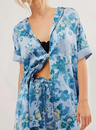 Image of Women Silk Pajamas Floral Satin 2 Piece Pajama Sets | Button Down Short Sleeve Shirt and Elastic High Waist Shorts, Vintage 2Pcs Pj Sets, Two Piece Lounge Set, Elegant Sleepwear