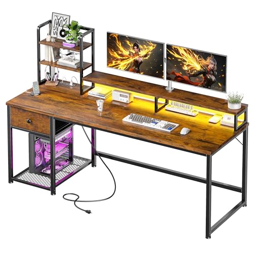 Image of EnHomee 55 inch Reversible Computer Desk, Hutch, USB & LED, Rustic Brown | Fits 2 Monitors on Stand; Drawer & 3 Shelves; 60,000 Colors Music Sync RGB; 3 AC Ports & Type-C; Steel Frame; Easy Build