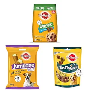 Pedigree Biscrok Biscuit Treats, Chicken Flavour, 900g & Jumbone Mini Treats for Adult Dog, Chicken & Lamb Flavour, 4 Treats & Tasty Minis Treats for Adult Dogs, Chicken & Duck Flavour Chunks, 130g