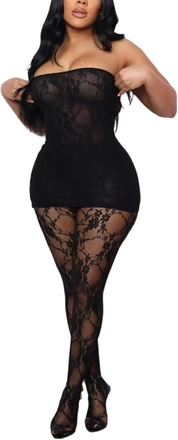 Women Sexy 2 Piece Outfits Clubwear Lace Mesh Tube Mini Dress Top with Stockings Legging Set Birthday Outfits