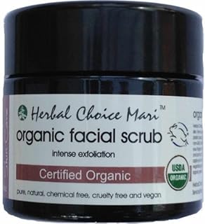 Organic Facial Scrub by Herbal Choice Mari (3.4 Fl Oz Glass Bottle) - Intense Exfoliating Face Wash with Brown Sugar, Sea ...