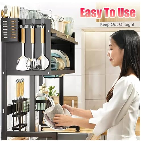 Image of HomeCloud Over-The-Sink Dish Drying Rack with Dustproof Flip Cover Door | Multifunctional Adjustable Metal Kitchen Countertop Organizer (Black, 85x80x29Cm)