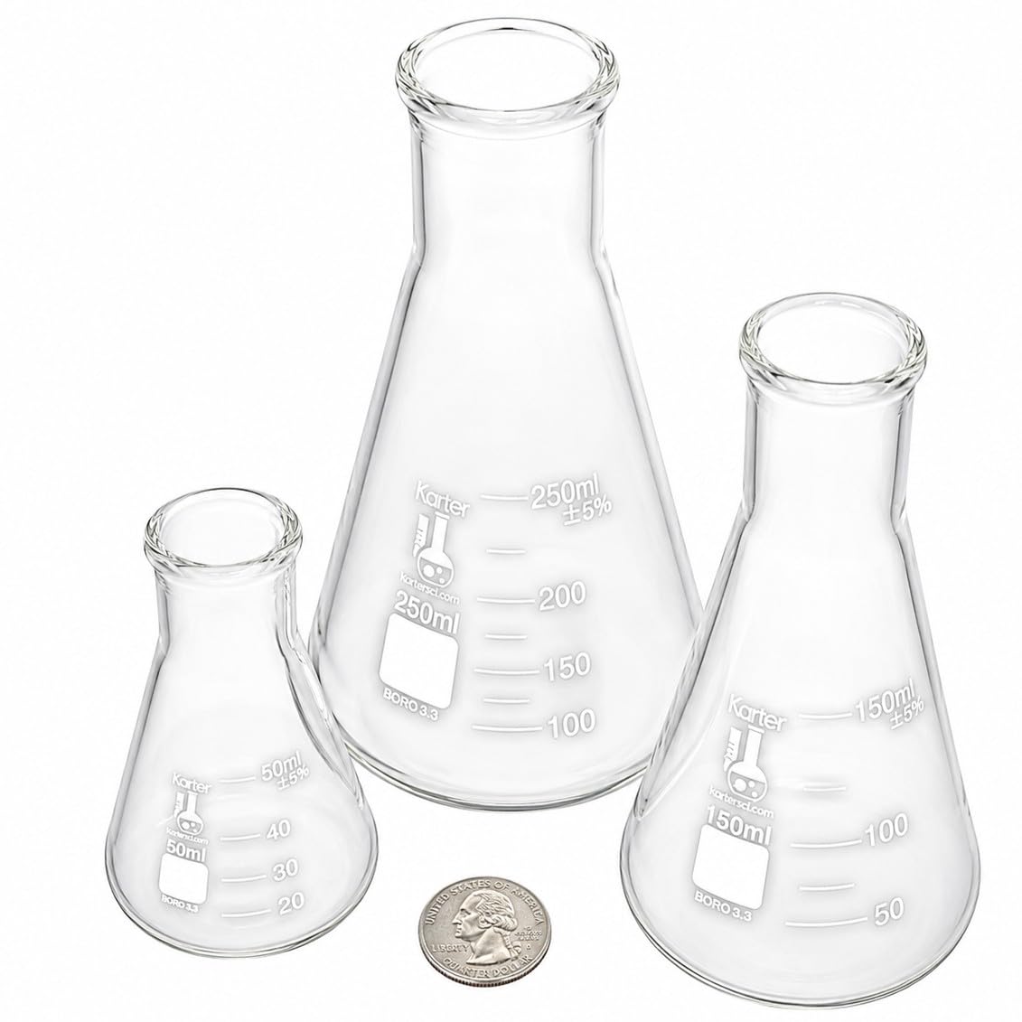 Juego de frascos Erlenmeyer de cristal, 3 tamaños, 50, 150 y 250 ml, Karter Scientific