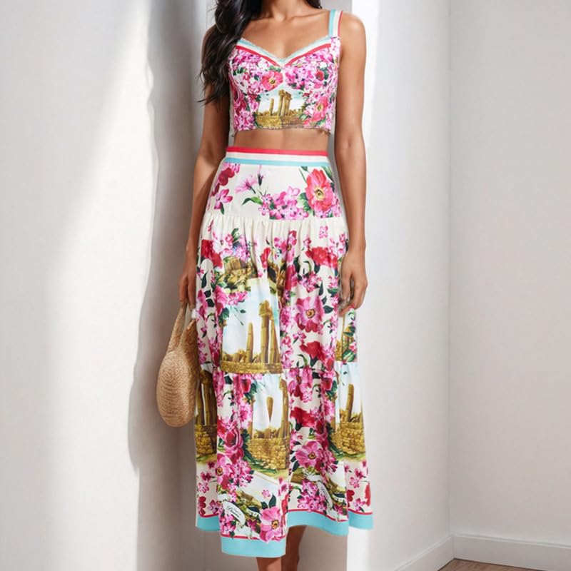 Womens Print Skirt Outfits Tropical Floral Print Halter Crop Top A-line Maxi Skirt Summer Vacation Sets2