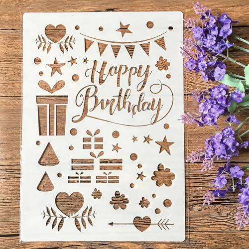 TIAMECH A4 Reusable Happy Birthday Stencil for Painting - Party Banner Gift Box Layering Template, DIY Wall Art, Wood Furniture, Scrapbook & Crafts (8.3x11.7inch)