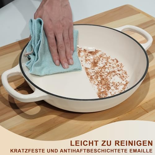 Gusseisen Topf Brot Backen,5,7L Bräter Emaille Schmortopf mit Deckel und Griffen,26 cm Dutch Oven,Brotbacktopf mit Gärkorb,Schmortopf Gusseisen Topf für Küche Backen Schmoren & Braten (Weiß) 6