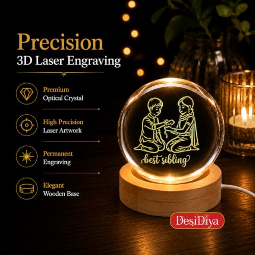Image of Desidiya 3D Crystal Ball LED Lamp for Brother Sister Rakhi Gift, USB Base | Made from clear K9 crystal with a smooth finish and elegant wooden LED base.