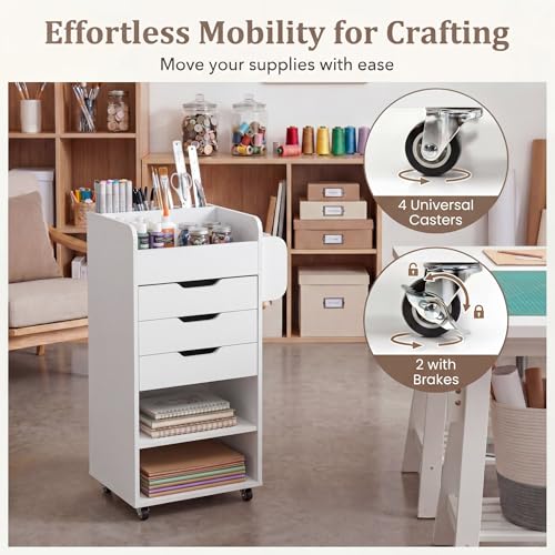 Image of Tangkula Rolling Storage Cart with Drawers, Wooden Drawer Cart w /Lockable Casters, Utility Storage Cart w /3 Shelves, Slots & Dowels, Mobile Organizer Cabinet on Wheels for Room Office Work Study