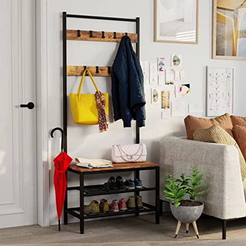 Coat Rack, Hall Tree With Shoe Bench For Entryway, 3-In-1 Industrial Entryway Bench With Coat Rack Freestanding Accent Furniture With Steel Frame, Vintage Brown #TOP7