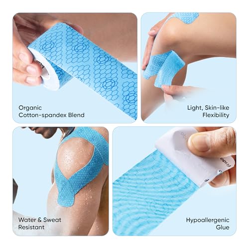 Image of Frido Kinesiology Tape for Sports Injury Pain Relief, Muscle and Joint Support | Waterproof Cotton Elastic Athletic Tape with Stretch Indicators | K Tape For Knee, Ankle, Arm & Shoulder | Light Blue