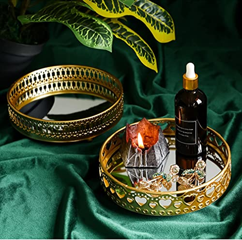 Decorative Vanity Tray Candle Holder - Gold Round Display Plate, Mirror Tray Perfume Organizer Bathroom Organizer Countertop Home Decor Accessories For Dining Table Centerpiece, 7Inch #TOP3