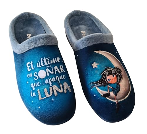 Rodevil Zapatillas casa mujer suaves azules dibujo Luna Frase bonita (38)