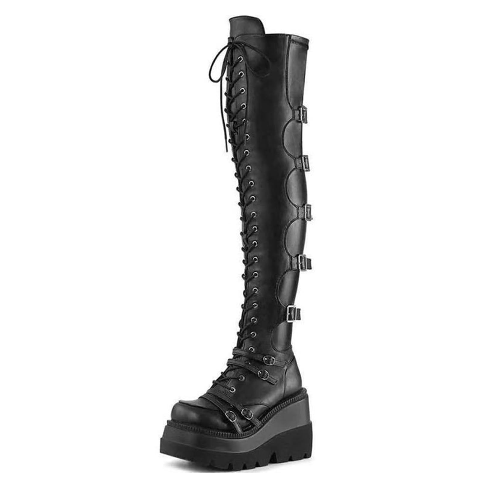 UOQAPREWomens High Platform Mid Calf Wedges Chunky Booties Heel Round-Toe Side Zip Winter Punk Combat Boots For Women