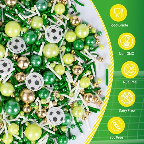 Image of Edible Soccer Sprinkles for Cake Decorating,Food Grade 130g,Baking Sprinkle Mix for Sports & Football Theme Party,Green Gold White Pearls and Jimmies with Soccer Wafer Paper Toppers,for Cupcakes,Ice Cream,Cookies,Donut,Cake Decorations,Match Viewing Events Birthday Celebration Supplies