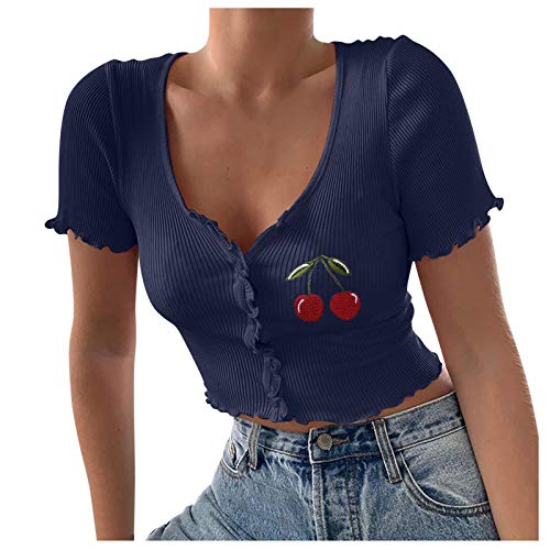 Women s Ribbed Cropped Wavy Cherry Embroidered Print Short Sleeve Button-Down V Neck Solid Tight Top Shirt Camisole