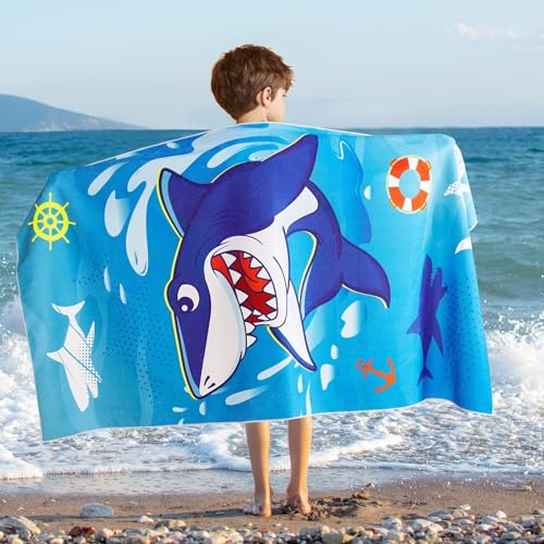 WERNNSAI Kids Beach Towel for Boys - 30” x 60” Shark Sand Free Swim Towels Pool Beach Towel for Boys Kids Quick Dry Absorbent Super Soft Beach...