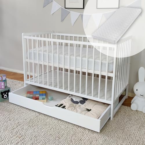 Babybett Kinderbett 60x120 Gitterbett Baby Bett Komplett-Set mit Matratze Beistellbett mitwachsend, Lattenrost höhenverstellbar mit abnehmbaren Sprossen, mit Schublade | weiß Kiefer-Vollholz Babybett Kinderbett 60x120 Gitterbett Baby Bett Komplett-Set mit Matratze Beistellbett mitwachsend, Lattenrost höhenverstellbar mit abnehmbaren Sprossen, mit Schublade | weiß Kiefer-Vollholz