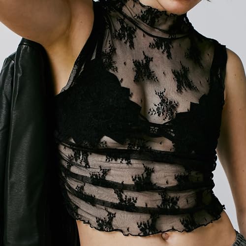 Women Sleeveless See Through Lace Mesh Crop Top Mock Neck Ruched Side Slim Fit Floral Sheer Cropped Tank Top4