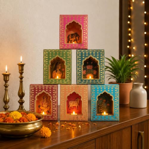 Image of JH Gallery Multicolour Paper Jharokha Diya Set with LED Candles, DIY Wall Decor for Diwali, Ganpati, Navratri, Pooja Room, Mandir & Festival Decoration (Pack of 6)