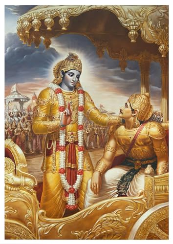 Image of Krishna Poster | Shri Krishna Ran Bhumi Poster | Shree Krishna with Arjun Mahabharat Geeta Gyan | Divine Artwork for Home, Temple, & Meditation Spaces | 350GSM Paper (A4 (29.7L x 21W), Shree Krishna)